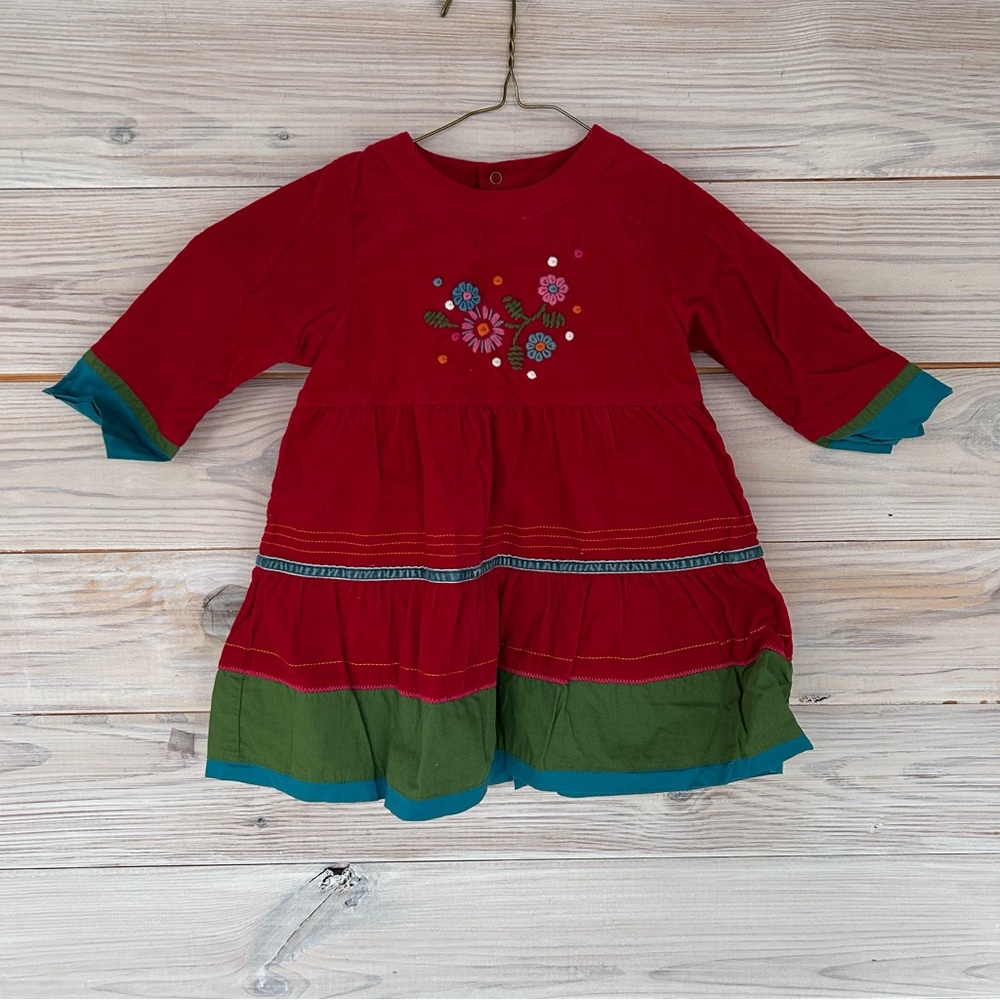 Catimini Red Corduroy Floral Embroidered Tiered Dress $135